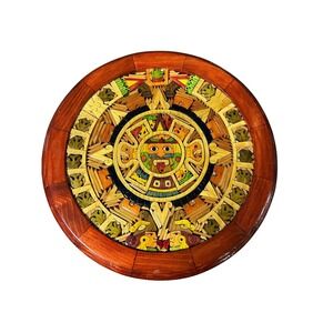 Handcrafted Aztec Sun Stone Marquetry Wall Hanging – Vintage Mexican Wood Art